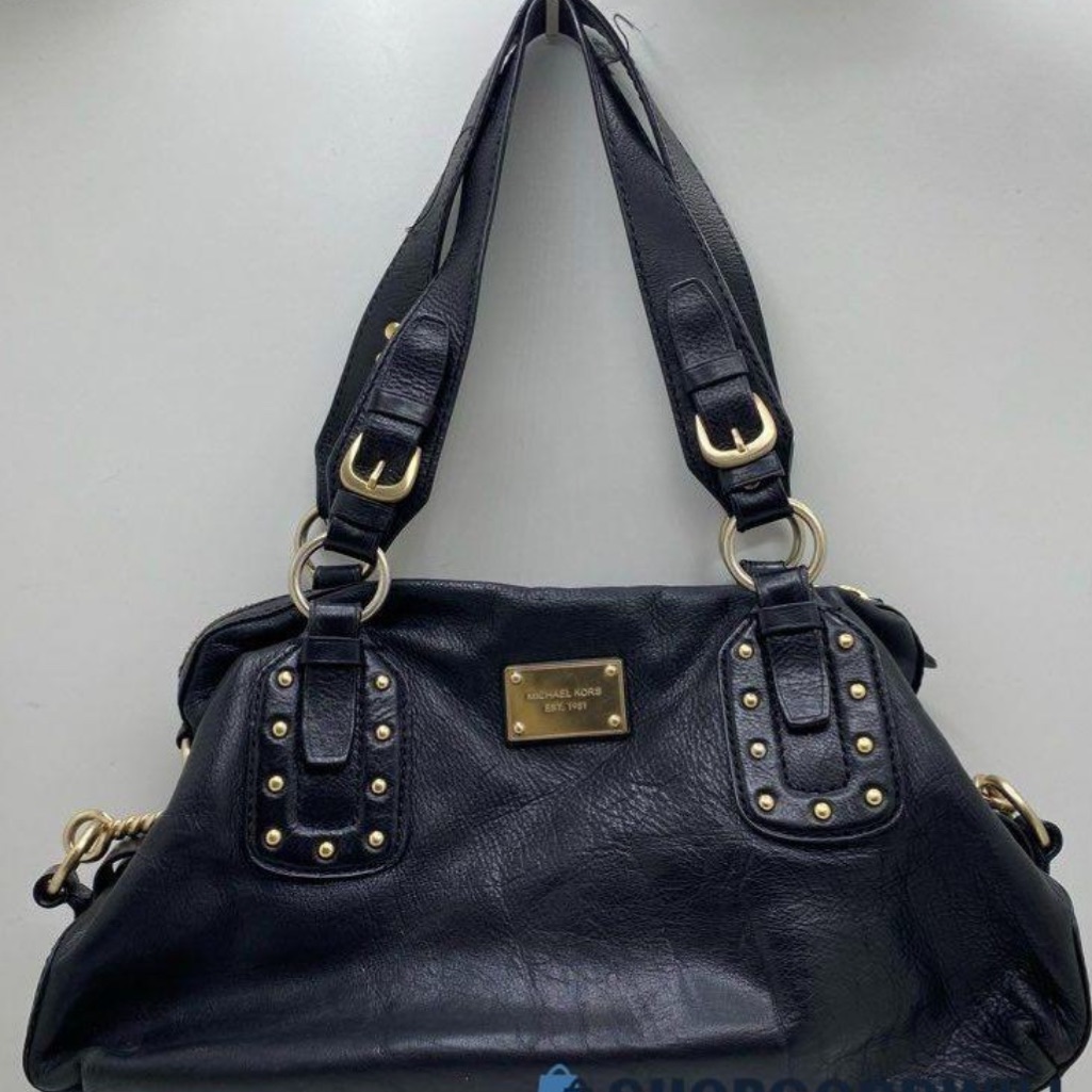 Michael Kors Black Leather Handbag W/Gold Studs And Hardware